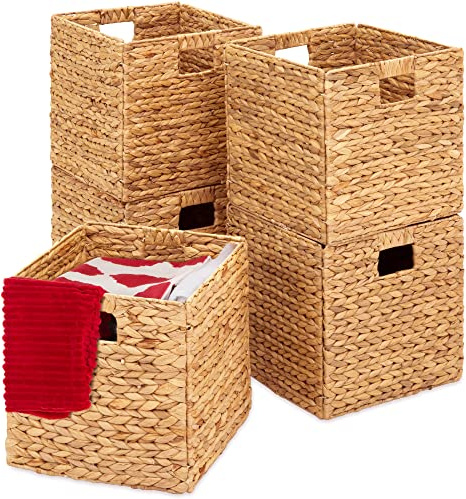 Best Choice Products 12x12in Hyacinth Baskets, Rustic Set Of 5 Multipurpose Collapsible Storage Organizer, Handwoven Laundry Totes for Bedroom, Living Room, Shelves w/Inserts - Natural