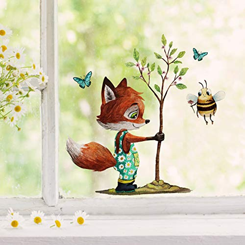 Fensterbilder Fensterbild Fuchs Reh & Hasen mit Pusteblume Osterkorb Ostern wiederverwendbar Fensterdeko bf31 - ausgewählte Farbe: *bunt* ausgewählte Größe: *9. Fuchs pflanzt Baum*