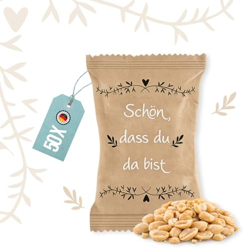 Logbuch-Verlag 50 kleine Snacks Erdnüsse Tütchen für Gäste als Geschenk Geburtstag Hochzeit Kundengeschenk Schön, dass du da bist 6 x 10 cm