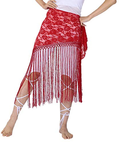 Tubayia Damen Mode Bauchtanz Rock Spitze Quaste Hüfttuch Kostüm Tanzkleidung Bauch Tanzen Schal (Rot)