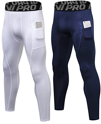 LNJLVI Sport Leggings för män Base Layers Running Fitness Kompressionsbyxor, Marinvit, M