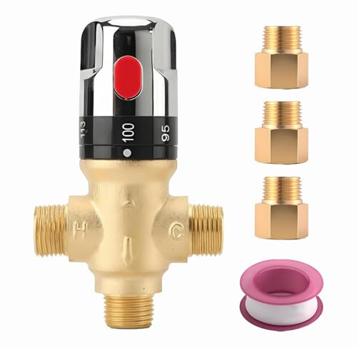 TreMax Thermostatic Mixing Valve, Shower Water Mixing Valve, With 1/2“G to 1/2‘’ NPT Connection Adaptors, Water Temperature Control Valve,Fahrenheit Scale Mark, Solid Brass (Golden)