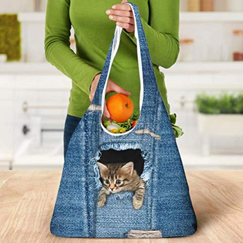 chaqlin Blue Denim Cat Design Schulterhandtaschen für Damen Umweltfreundliche Einkaufstasche Faltbare Wiederverwendbare Einkaufstaschen für Schule, Arbeiten, Reisen