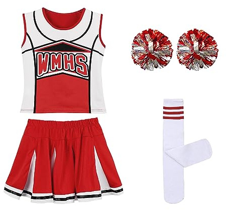 LOLANTA Mädchen rot & blau Cheerleader Kostüm befestigen Pom Poms Socken, Kinder Cheer Outfit Karneval Kostüm, Rot, 6-7 Jahre, 130