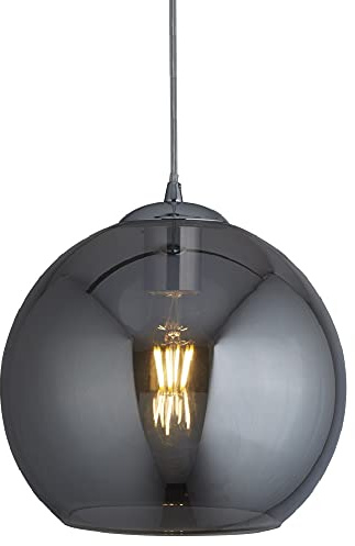 Britalia Polished Chrome & Smoked Glass Dome Shade Vintage Pendant Ceiling Light | 25cm Diameter | 1 x E27 ES Lamp Bulb Required (Not Included) | Retro Design