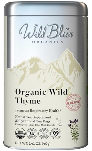 Wild Bliss Organic Wild Thyme Tea - Caffeine Free Respiratory Herbal Support - Pharmacopoeia Potency - 20 Plant Based Tea Bags