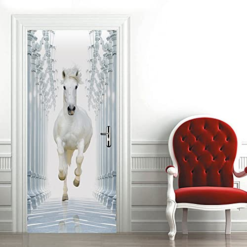A.Monamour Türtapete Selbstklebend Türfolie Türposter 3D Weißes Pferd Läuft Im Flur Vinyl Folie Türdeko Tapete Wandbild Türaufkleber Türtattoo 85 x 215 cm