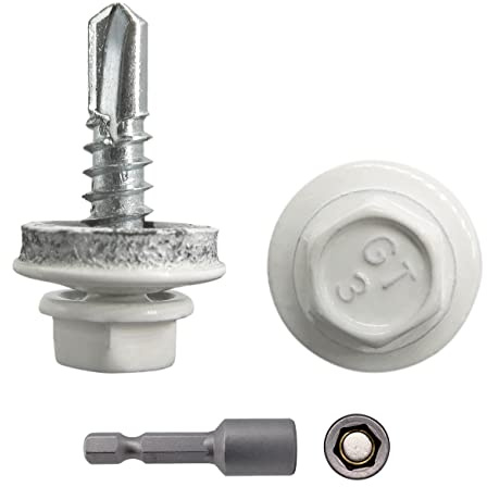 Marcopol (Förpackning med 150 st) metalltakskruvar, 4,8 x 19 mm självborrande skruvar med EPDM-brickor, målat hexbrickhuvud, metallskruv (150, RAL 9010), vit (RAL 9010)