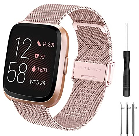 Hatolove Armband för Fitbit Versa 2 för kvinnor och män, metallarmband i rostfritt stål ersättningsarmband kompatibel med Fitbit Versa 2/Versa Lite/Versa SE, Rosa, Klassisk