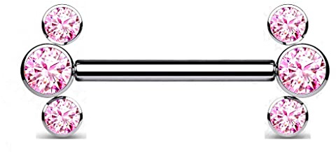 Paula & Fritz® Push-In Piercing Silber Brustwarze Zirkonia Pink Titan-IUM Grade 23 Kugel 1,6-mm Stab-Dicke Nipple Gewindelos Straight Barbell Bridge