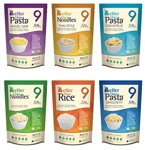 Better Than Foods Konjac Meal Variety Pack 385g (Pack of 6) – Rice, Noodles, Thai Style, Spaghetti, Angel Hair & Tagliatelle, Instant Meal, Low Calorie Alternatives, Gluten-Free, Vegan, No Added Sugar