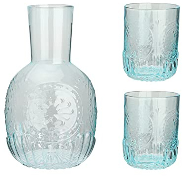 BestAlice Bedside Water Carafe and Glass Set, 1300ML (45 Oz) Vintage Nightstand Glass Carafe with 2 Pcs Cup, Glass Juice Mouthwash Bottle for Bedroom Bathroom