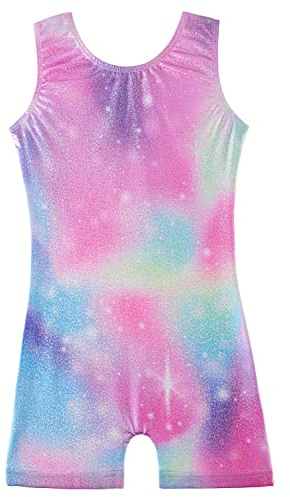 XiaoMoSha Body da ginnastica per ragazze colore sfumato Sparkle Dance Body senza maniche per ragazze Athletic Ballet Dancewear per bambini dai 3 ai 14 anni, Cielo stellato viola, 9-10 Anni