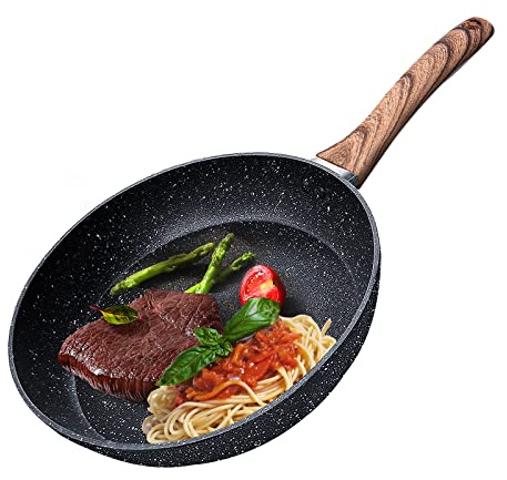 HIYAA Bratpfanne, antihaftbeschichtet, 24 cm, mit stabilem Griff, kratzfest, Induktionspfannen, Aluminiumguss, Eierpfanne antihaftbeschichtet, für alle Herdarten, Schwarz
