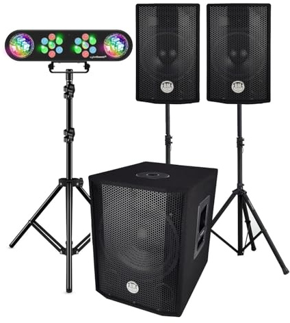 Pack Sono Complet BMS1208, Caisson bi-amplifié, 1000W, USB Bluetooth, 30cm, Satellites, câbles, Portique Lumières, LyteQuest
