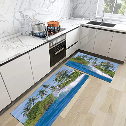 2stk Küchenteppich Waschbar rutschfest Küchenmatte,Ride The Wave, Surfer im Ozean von Bali Island Palmen Verträumte Naturlandschaft, Farn,Küchenläufer Fußmatte Teppich Läufer Badematten 45x70+45x120cm