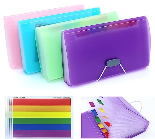 RUNYU 4 Stk Fächermappe A6 Karteikarten Box A6 Ordnungsmappe mit 13 Taschen | mit 8 Beschriften, Dokumentenmappe A6 Dokumententasche Sortiermappe für Rechnung Gutscheine Coupons Tickets, 4 Farben