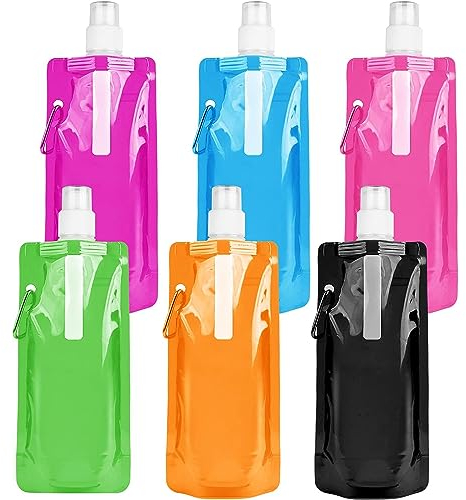 RHZXD 6 Stück Faltbare Wasserflaschen, 500ML Faltbare Trinkflasche, 6 Farben Wiederholbare BPA-freie Wasserflasche mit Clip für Outdoor-Sport, Radfahren, Wandern, Festival
