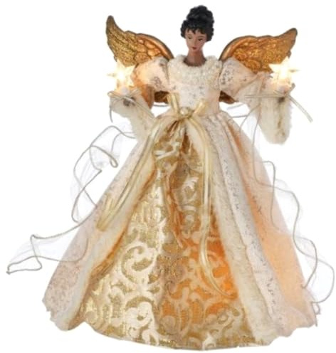 The Bridge Collection 14 Golden African American Angel Tree Topper - Beautiful Gold and White Black Angel Lighted Tree Topper for Christmas Tree