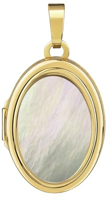 JEVELION Medaillon 333 Gold Anhänger 8 Karat für 2 Bilder mit Perlmutt-Einlage Bild Amulett oval zum Öffnen für Damen mit Halskette und Schmuck-Etui