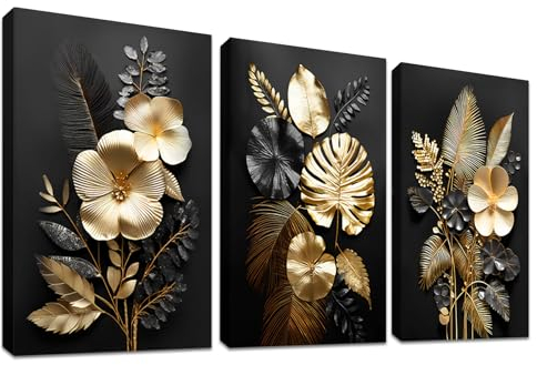 3 Panels 3D Schwarz Gold Blumen Mit Rahmen Leinwand Bilder Monstera Kokosnuss Blätter Bild auf Leinwand Malerei Poster Wandbilder Wohnzimmer Schlafzimmer Badezimmer Wanddeko 90x40cm (12x16x3pcs)