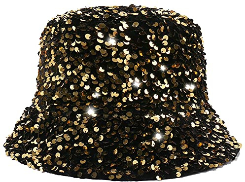 CaySep Chapeau de pêcheur unisexe avec paillettes scintillantes – Chapeau de plage Hip-Pop, chapeau de pêcheur pliable pour les voyages, or, taille unique