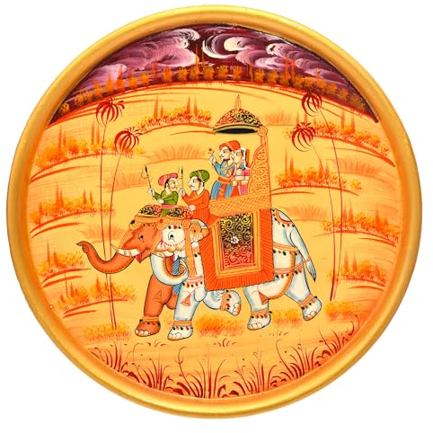 Hand Painted Decorative Wall Plate Round Display Wooden Plate Home Décor Art Gifting Article (Elephant Safari)