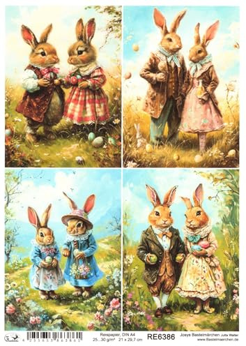 Josys Bastelmärchen Reispapier A4 Strohseide Ostern 2 Süße Hasen Häschen in Kleid und Anzug RE6386