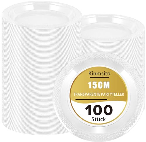 Kinmsito 15cm klein Plastikteller Mehrweg,100 Stück Transparente Kunststoffteller,Mehrweg Plastik Teller,Rund klein Kuchenteller, Stabiles Hartplastik Partyteller für Partys,Picknicks,Grillabende