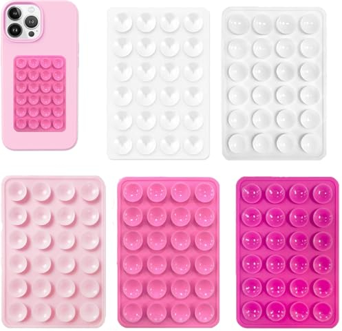Vilbocr 5PCS Strong Grip Phone Suction Mount - Sticky Silicone Holder for Hands-Free Videos, Perfect for Bathroom Singing & Gym Workouts - Works on Tiles, Glass & Smooth Walls (Pink white)