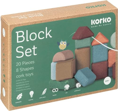 Korko Bauklotzset aus Kork - Leise, farbenfroh, sicher und voller Liebe für die Umwelt (20 Klötze)