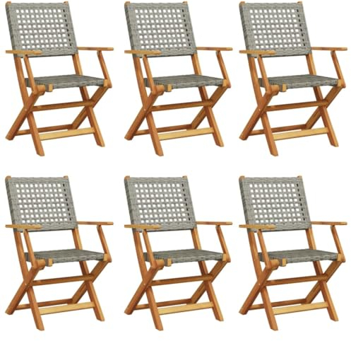 vidaXL Gartenstühle 6 STK., Gartenstuhl mit Armlehnen, Klappstuhl für Garten Balkon Terrasse, Stuhlset Gartenmöbel, Grau Poly Rattan Massivholz Akazie