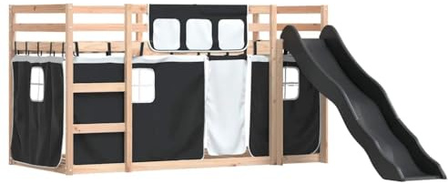 vidaXL Etagenbett, Kinderbett Spielbett mit Rutsche Gardinen, Hochbett Bett für Kinder, Stockbett Bettgestell mit Lattenrost Rausfallschutz, Weiß Schwarz 80x200cm