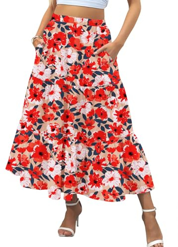 Zeagoo Damkjol, lång hög midja, kjol, sommar, maxikjol, elegant, A-linje, långärmad, ledig, elastiska kjolar med fickor, S–XXL, Z-floral röd, L