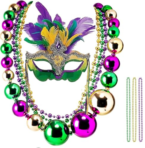 Bdecoll Mardi Gras Kostüm Zubehör Set, Mardi Gras Maske mit Federn - Karnevalskostüm Perlen Federboa - Farben in Gold, Grün, Lila für Maskerade Party
