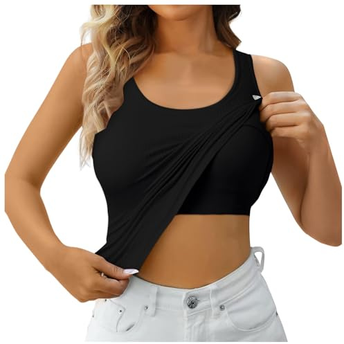 Top Damen, Unterhemden Damen Top mit Integriertem BH Basic Racerback Tank Top mit Regal-BH Stretch Eng Sport Top Einfarbig Tops Für Damen mit Cups Bequeme Fitting Yoga BH-Hemd Tanktops