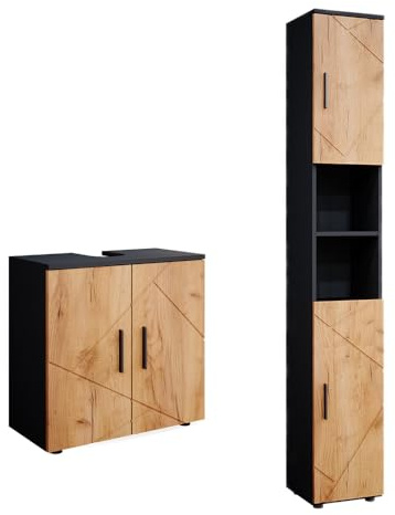 Vicco Set di mobili da bagno Irma, Rovere dorato/antracite, 2 parti, con colonna, composto da mobile sottolavabo e colonna alta
