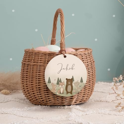 Personalisiertes Osterkörbchen – Weidenkörbchen für Kinder & Babys – Mit süßem Tier-Design – Ostereiersuche & Ostergeschenke - Flechtkorb - hello mini (Waldtiere, Ø15cm)