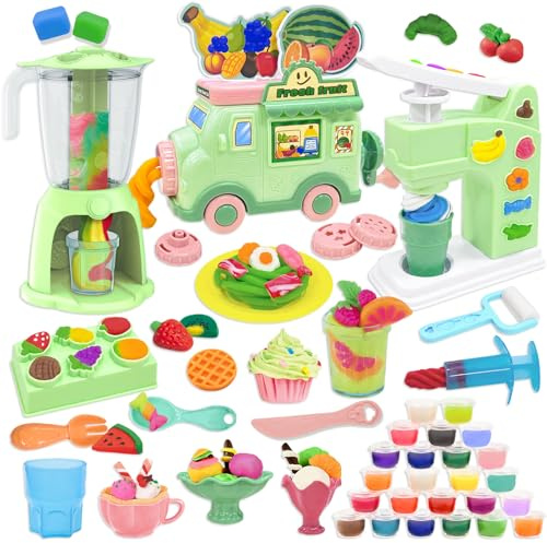 VBACALA KneteSet,Kinderknete Kitchen Creative Knete Eismaschine+Nudelmaschine+Smoothie Mixer Maschine,62Knete Zubehör mit 24 Gläser Knetmasse,knete ab 3 Jahre Geschenk für Jungen und Mädchen