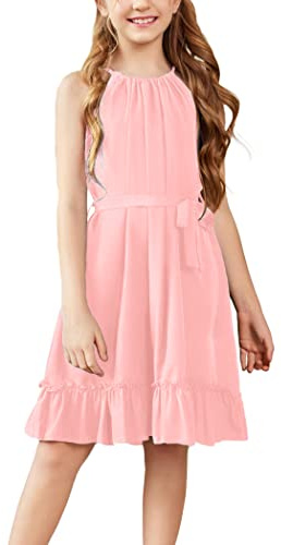 Arshiner Vestidos Niña Rosa Sin Mangas Vestido Verano Dobladillo Volantes Infantil A-Line Vestidos Niños Grace Fiesta Moda Vestido Festivo con Cinturón 9-10 Años