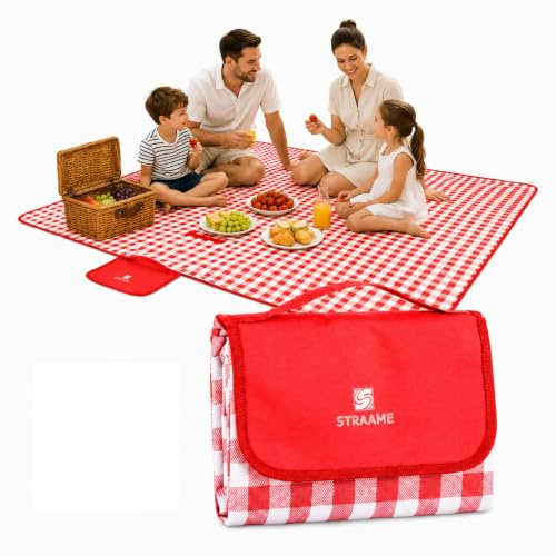 Straame Waterproof Picnic Blanket – Large 200x140cm Foldable Outdoor Blanket with Carry Handle – Ideal for Camping, Beach, Garden & Festivals – Timeless Gingham Design (Red)