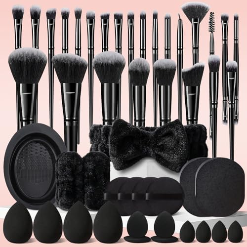 HGHDBT 47Pcs Black Makeup Brushes Set Professional Premium Synthetic for Blush Foundation Eye Shadow Concealer Powder Eye & Face Make up Brush Kit with Beauty Blender Sponge Set Tools