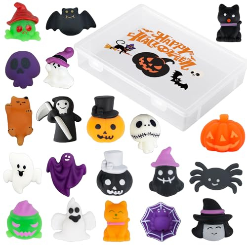 MORAINJAY 20 Pezzi Giocattoli Mochi Squishy Halloween con Scatola Regalo, Palline Antistress Morbide per Bambini (Zucca, Fantasma, Pipistrello), Idee per Bomboniere e Feste