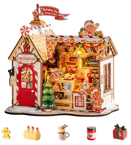 Rolife Miniature Maison en Pain d'épice de Noël, 250 pièces Maquette Maison 3D Puzzle Maison de Poupée en Bois 3D à Construire Book Nook pour Adultes Pas de Colle nécessaire Décoration de Noël