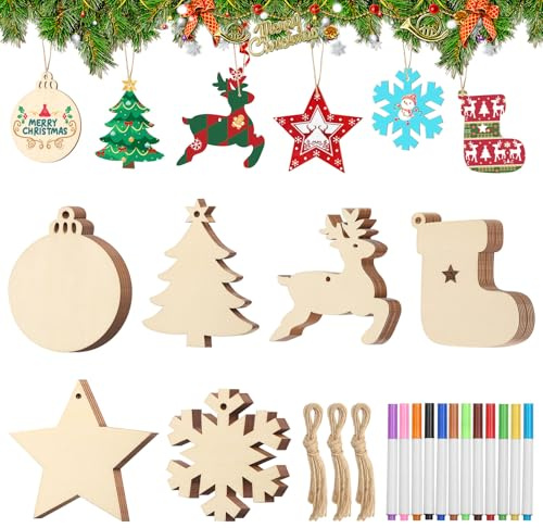 60 ciondoli in legno per albero di Natale, albero di Natale, in legno, da dipingere, con 12 penne, decorazioni natalizie fai da te, in legno per decorazioni natalizie