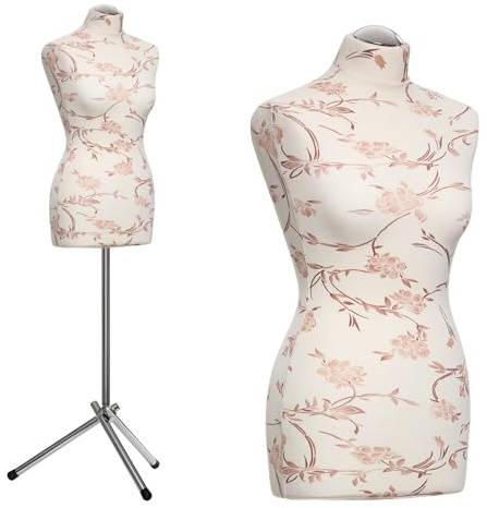 DummyDoll Schneiderpuppe weiblich Größe 34/36, Überzug Creme braune Blumen, Dreibein + Kappe Chrom