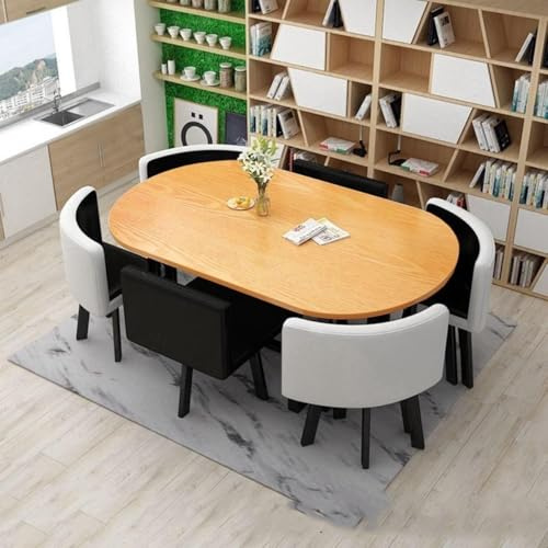 YKWLKJ Ovales Konferenztisch Set für 6 Personen, Metallbeine und MDF-Platte, Esstisch mit 6 Stühlen Set(Schwarz)
