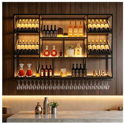 130cm Botellero de Pared Industrial, Estante almacenamiento de vino de gran capacidad montado pared, Metal para Exhibición de Botellas de Vino con portavasos, para hogar Restaurante Bar (Negro, 130cm)