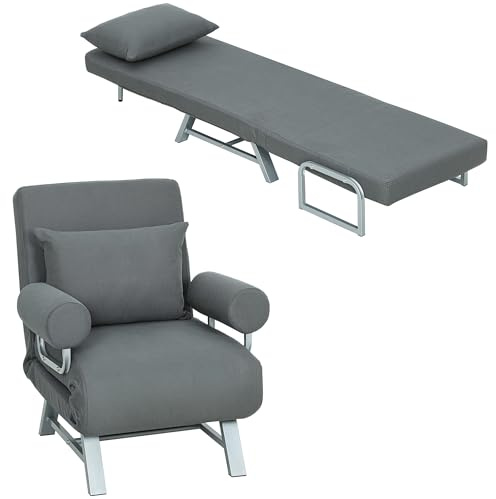 HOMCOM Poltrona Letto 3 in 1 con Schienale Reclinabile su 5 Livelli e Cuscino Extra, Poltrona Moderna in Tessuto Effetto Lino e Metallo, 73x78x81 cm, Grigio Scuro
