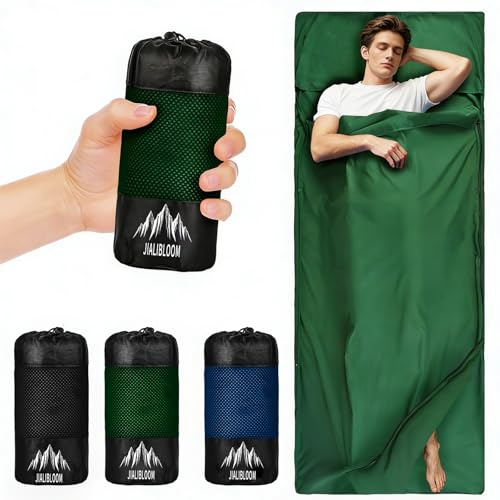Hüttenschlafsack Baumwolle, 2in1 Hüttenschlafsack Ultraleicht aus Mikrofaser, Reiseschlafsack Schlafsack Inlett mit Kissenfach Deckenschlafsack für Erwachsene Camping Hostels Backpacking-Grün